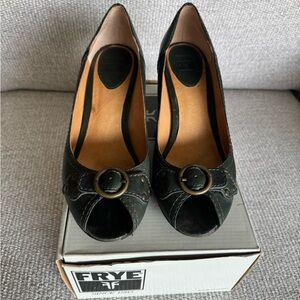 Frye Emerald Peep Toe Heels with Buckle Detail